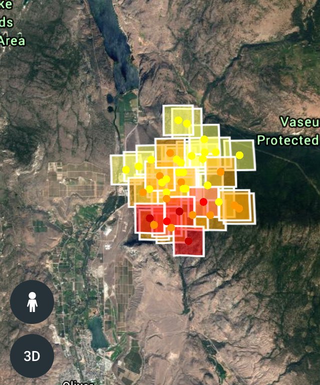 chiefwatkinson's tweet photo. This is the heat imagery from satellites on the fire in the south #Okanagan. @BCGovFireInfo is seriously hammering on this fire to box it in and save homes and our forest. #airangles #BCWS #structureprotection thanks for your HARD and VERY HOT work! #muchrespect. https://t.co/AS6XjcJr4l