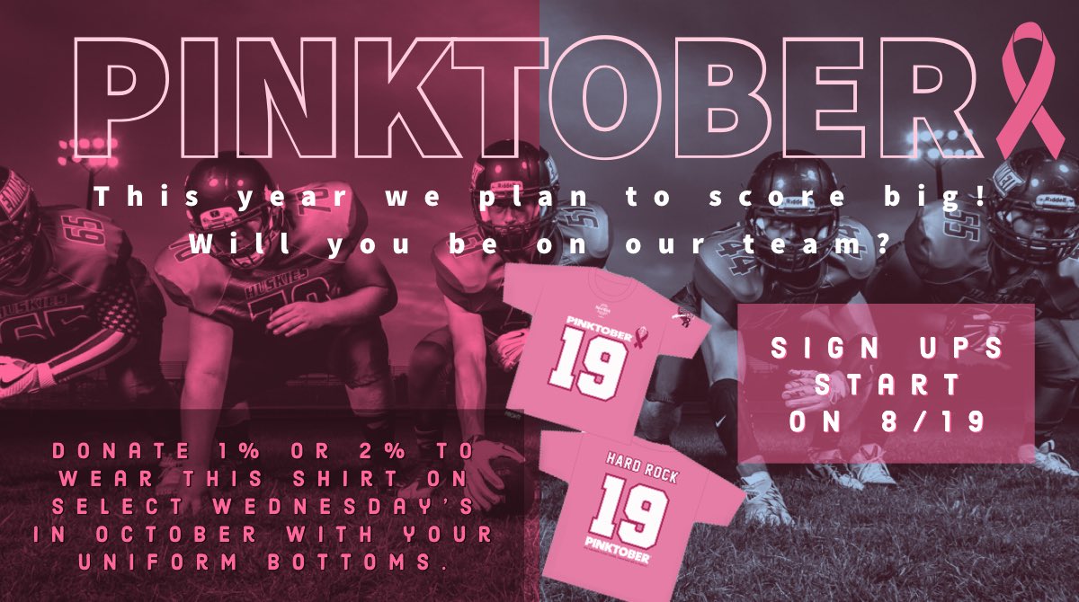 This year we’re Tackling Cancer with <a href="/TampaStrides/">Tampa Strides</a> at <a href="/RJStadium/">RaymondJames Stadium</a>. In honor of the new walk venue our 1% shirts are football jersey themed &amp; we’ll be wearing them on Wednesday’s instead! Stay tuned for more #Pinktober2019 updates.