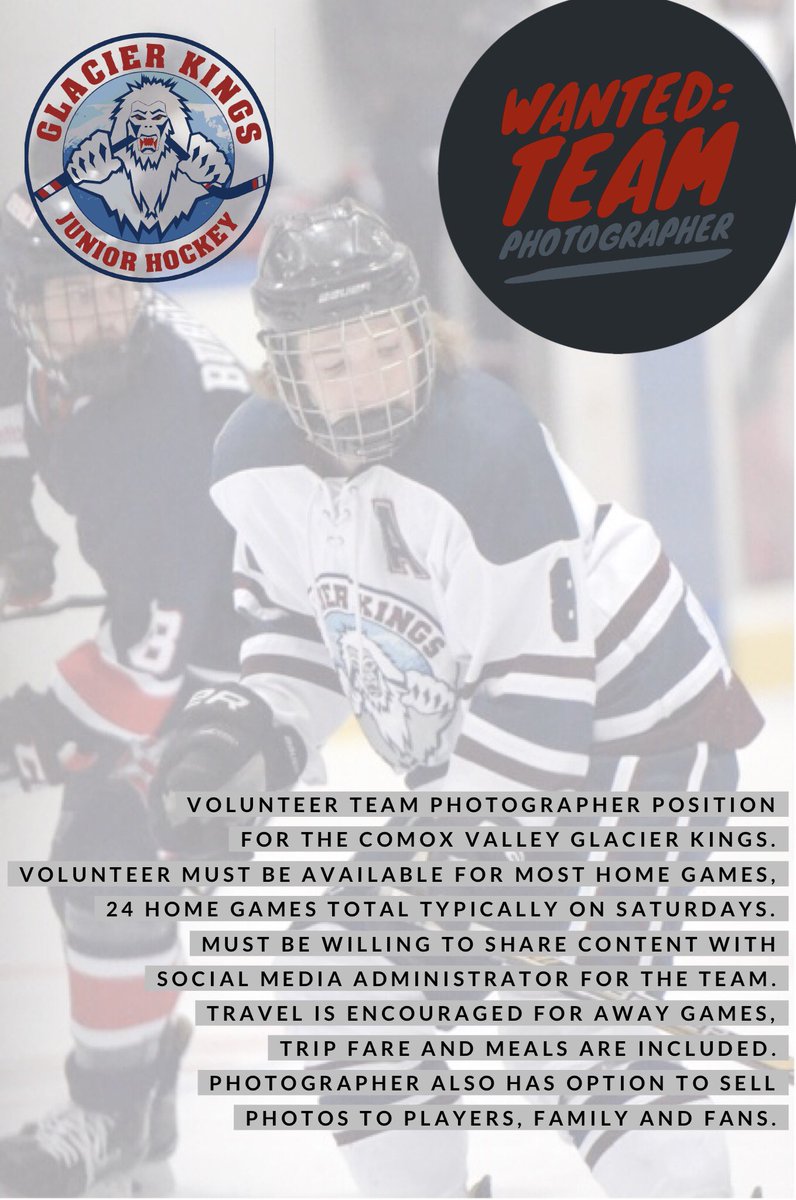 CVGKhockey's tweet photo. Interested in sports photography? We are looking! Contact Glacier Kings head office at 250-334-4709 for more information! Join our family today! https://t.co/H6qEYIXFMv