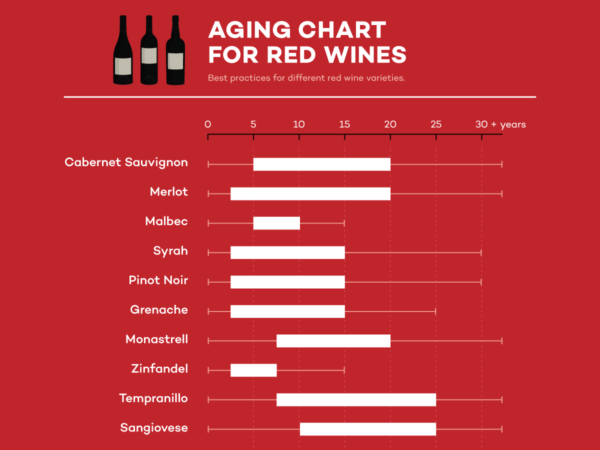 WineFolly's tweet photo. The truth is, most wines are meant to be drunk young: but aging a wine can create something spectacular. Here's a handy chart for how long that favorite bottle of yours should spend in the cellar: https://t.co/2R3Guh3TML https://t.co/ORQaFIkKiM