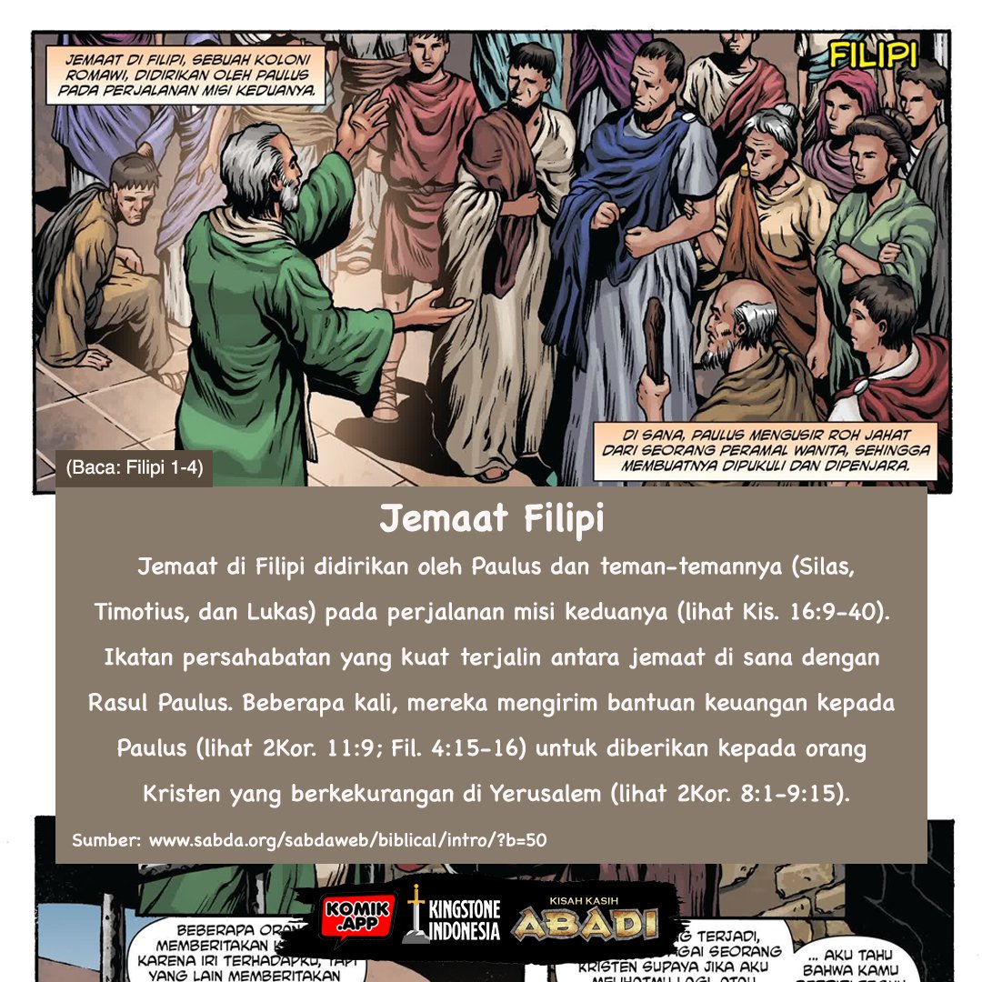 sabdakomik's tweet photo. Ikatan persahabatan antara jemaat Filipi dgn Rasul Paulus (+ rekan2 sekerjanya) terjadi krn kasih Kristus yg mempersatukan mereka.

Pernahkah kamu merasakan kedekatan spt ini dgn teman2 di gereja/komunitasmu?
#kingstone #kingstoneindonesia #komikalkitab #sabdamedia
#SABDA #filipi https://t.co/5nXjEPEXbN
