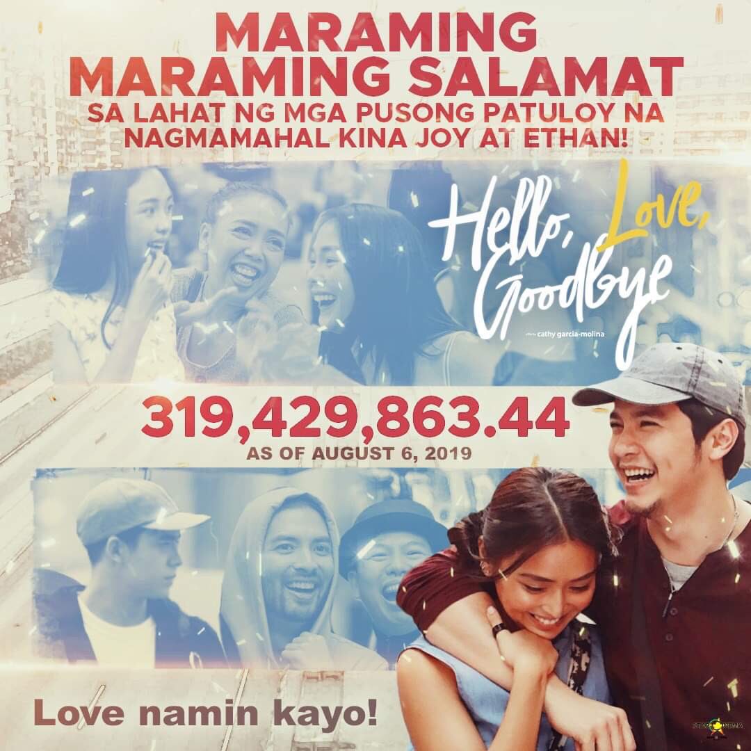 StarCinema's tweet photo. Dahil sa bugso ng inyong pagmamahal sa kwento nina Joy at Ethan, umaapaw ang pasasalamat namin sa inyong lahat! ❤️ #HelloLoveGoodbye now on its second blockbuster week! #HelloLoveYou2 https://t.co/MI6h6DN4WS