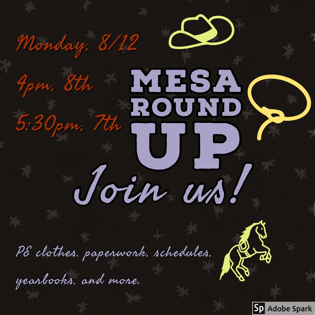 Mesa families! Come get ready for school by joining us at our “Round Up.” Details in the image. #getreadyforschool #hawkpride