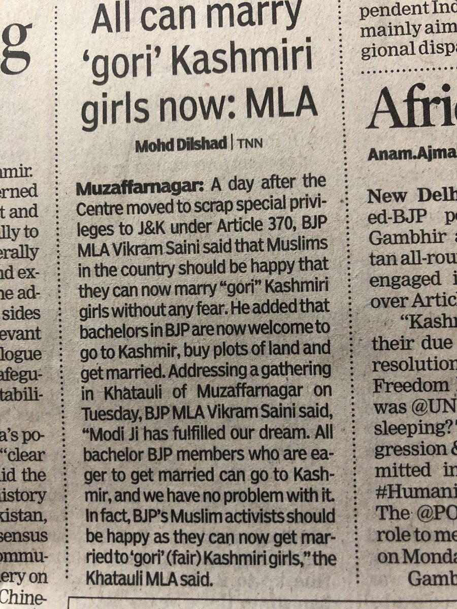 Well, Hindu nationalists (including this elected politician of the ruling party) are no different from ISIS and their sexual and rape fantasies and realities. #StandwithKashmir and oppose #HinduNationalism