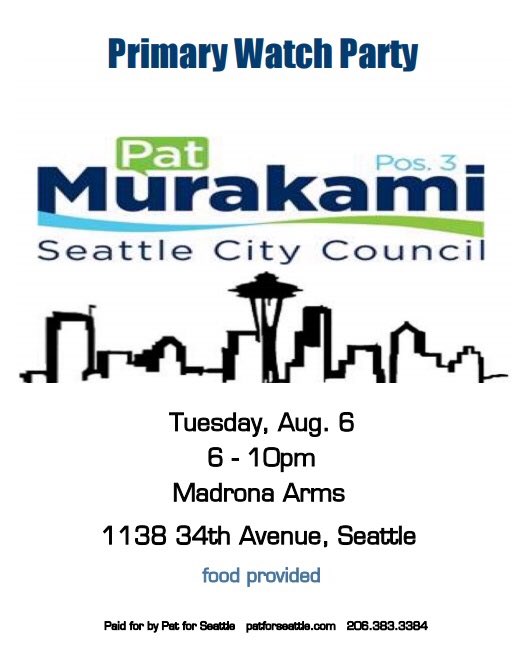 patforseattle's tweet photo. 📺Join us for the “Watch Party” at Madrona Arms, 1138 34th Ave, 6 to 10pm...see you there! @murakamipat @quelindamagazine @dsasolutions @linda_lowry @cityofseattle @medium @seattle_neighborhoods @seattlepi @crosscut_news @the_evergrey #vote #centraldistrict #seattle #citycouncil https://t.co/dPzqG3qUQi