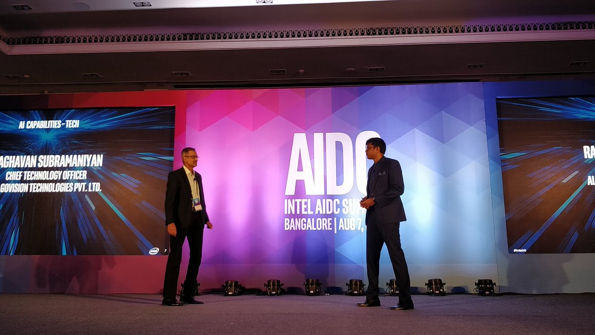 mhanchinmani's tweet photo. Mr Raghavan from Allgovision on stage with @PrakashMallya talking about our collaboration. AI has been big changer in solving smartcity challenges #IntelAIDC19 #IntelAI @IntelIndia https://t.co/q5EwlUFXYd