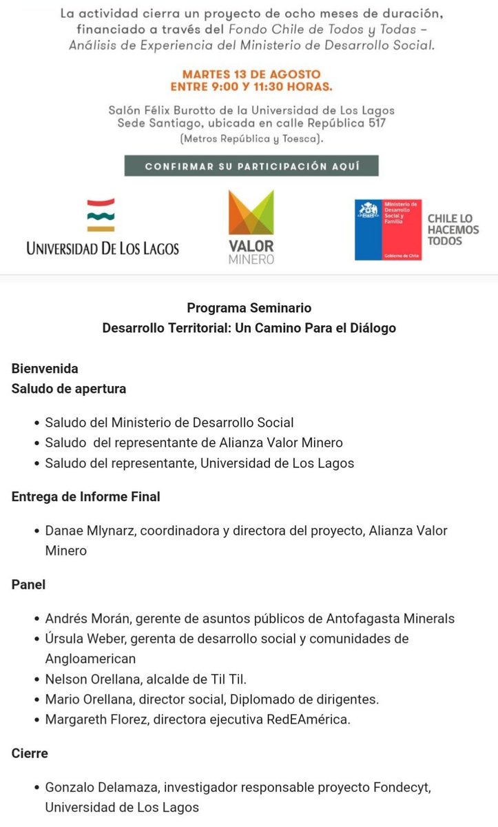 Conoce sobre experiencias de desarrollo territorial en Chile. Ven al seminario de <a href="/ValorMineroCL/">Valor Minero</a> <a href="/ULagosOficial/">Universidad de Los Lagos</a> Revisa el programa e inscríbete en:  docs.google.com/forms/d/e/1FAI… rt  <a href="/dmlynarz/">Danae Mlynarz Puig</a> @dsocial_gob