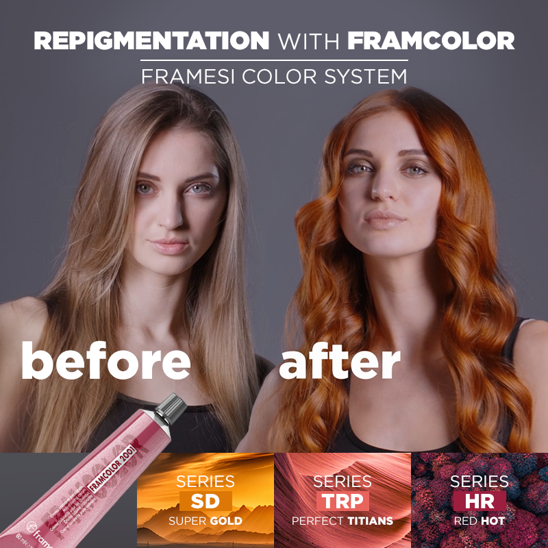 FramesiItaly's tweet image. #Repigmentation is a technique to restore the natural hair pigments lost after coloring, bleaching, or permanent. In case of dull hair, find out how to set up professional coloring services with #Framcolor2001 and become a color specialist: framesi.it/tutorials.