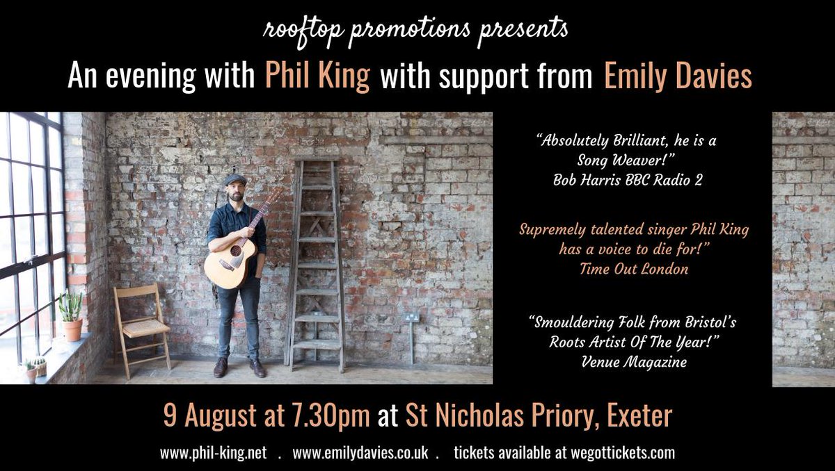 GIG ALERT! Friday 9 August, 7.30pm at the magical <a href="/nixpriory/">St Nicholas Priory</a> Exeter. Smoldering folk from @philkingsings, opening set from me and pop-up bar from Powderkeg Brewery.  Tickets available at wegottickets.com/event/476572 See you there? x <a href="/ExeterCultural/">Exeter Culture</a> <a href="/BBCDevon/">BBC Devon</a> <a href="/DevonLife/">Devon Life</a> <a href="/visitexeter/">Visit Exeter</a>