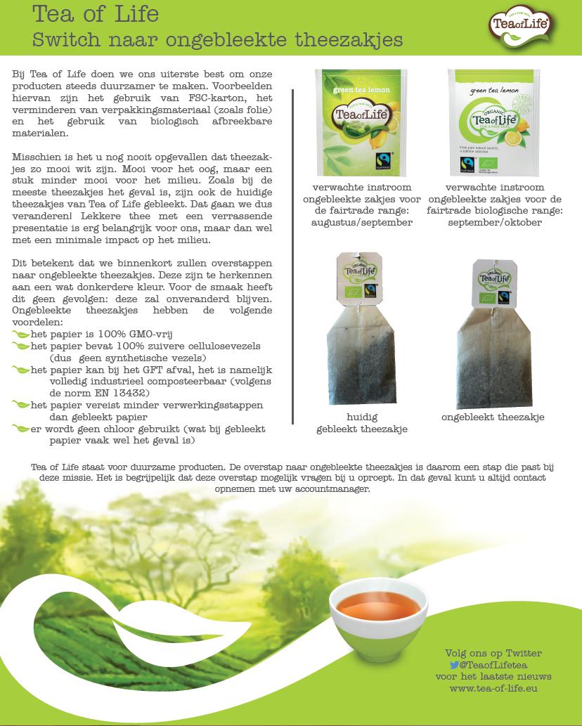 Weer een stapje in de goede richting! @TeaofLifetea stapt over naar ongebleekte theezakjes. Beter voor het milieu en de smaak blijft even lekker 👍