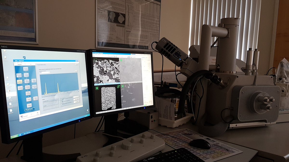 geologybanks's tweet photo. 'Ground-truthing' my CT work with the SEM today at @BritGeoSurvey - shooting the sample with yet more x-rays to tell me what the mineral chemistry is! #phdlife #DocBGS https://t.co/M7Z5bhjjfy