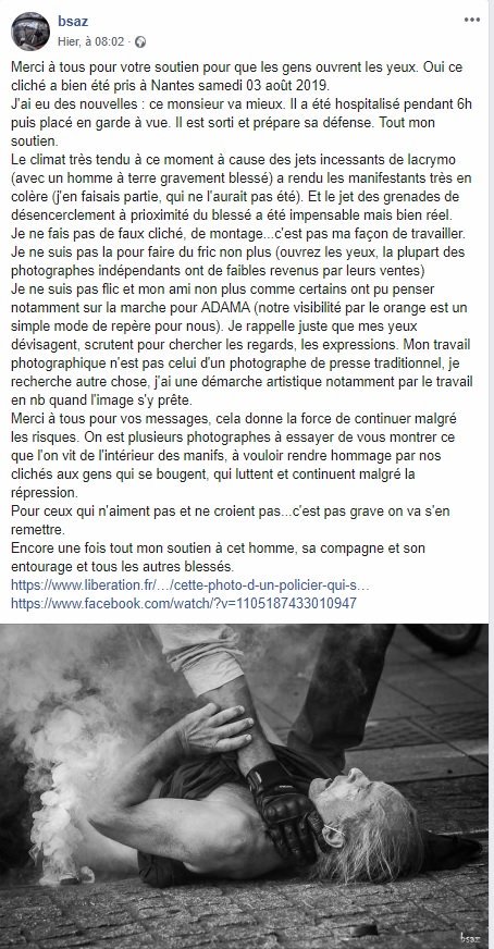 54Lilly's tweet photo. Félicitations à #Bsaz pour son travail photographique magnifique et terrible à la fois au coeur des manifs. Merci à lui. https://t.co/4CWNVVfcV5