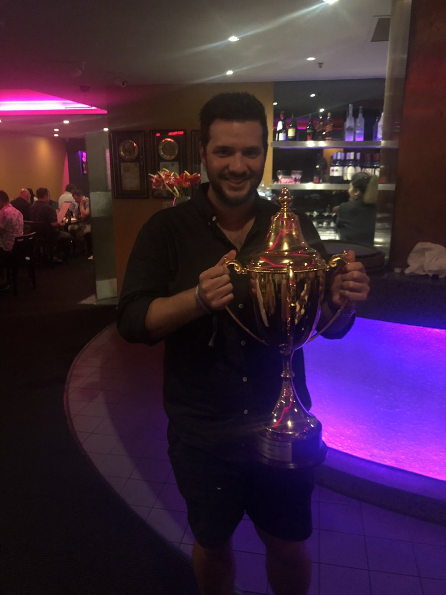RyanSorbara's tweet photo. Huge shout out to @Hallyboypeter and all the connections of Itsahymn on Monday night after the Darwin cup. Shared the excitement with us and passed the cup around our whole table at dinner. Great bunch of people and a moment I will never forget 🏆 https://t.co/hSCu4d4qX8