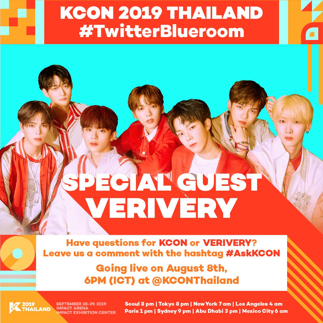 KCONThailand's tweet photo. #KCON2019THAILAND #TwitterBlueroom
Our next SPECIAL GUEST is... @the_verivery! 👏
วันที่ 8 สิงหาคม เวลาประเทศไทย 18.00 น.
แล้วพบกันที่ @KCONThailand
#VERIVERY #베리베리 https://t.co/D44pBbFpsh