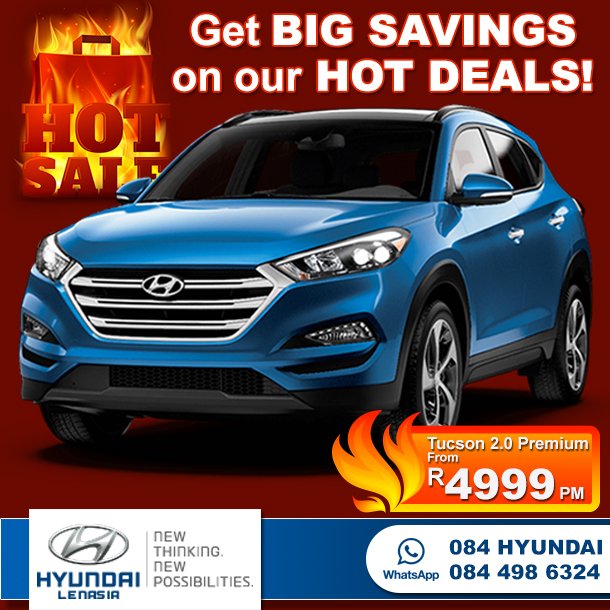 HyundaiLenasia's tweet photo. Hyundai Tucson 2.0 premium A/T
Cash price from R419 900
72 months. 0% Deposit
Instalment from R4 999pm
R40 000 cash back or towards structuring a deal
T’s&amp;C’s apply

WhatsApp us 084 HYUNDAI / 084 498 6324
Follow the link to contact us: https://t.co/dW9opHYlc6 https://t.co/K29IbjNAVb