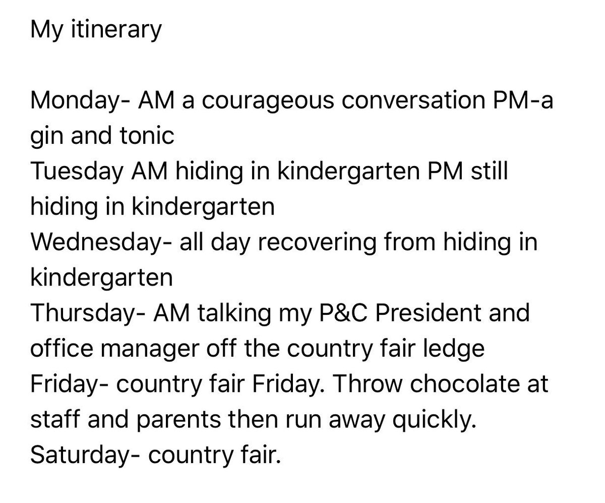 My director sends his itinerary each week. Thought I’d send mine. Don’t think he was impressed. I admit I was feeling whimsical.