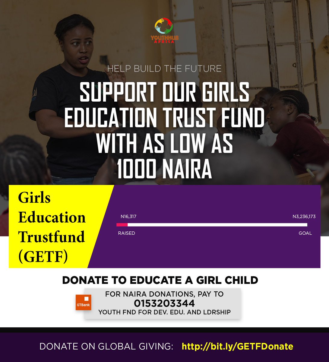 youthhubafrica's tweet photo. You can donate as low as 1000 naira to the Girls Education Trust Fund.
These donations will provide 30 girls with tuition fees, Exam fees, and School materials.
Click https://t.co/FPkFjP2Rua to donate and for more details.
#GirlsEducationTrustFund #OneBookOnePen #YesAllGirls https://t.co/z2AbvV4YKw