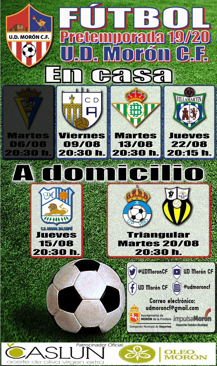 ☑ PRETEMPORADA 19/20 (Senior)
Actualizamos tras jugar con <a href="/Cadiz_CFCantera/">Cádiz CF Mirandilla - Cantera Cádiz CF</a>

✅ En casa:
✔️ <a href="/CD_Alcala/">C.D. Alcalá</a>
✔️ 🐓🏆🐔 <a href="/RealBetis/">Real Betis Balompié 🌴💚</a> “JUV DH” (<a href="/RBetisCantera/">Real Betis Cantera</a>)
✔️ <a href="/UDVillamartin/">UD Villamartín</a>

✅ A domicilio:
✔️ <a href="/CDArahalBpie/">C.D. Arahal Balompie</a>
✔️ <a href="/UP_Viso/">UP Viso</a> y <a href="/VILLAFRANCOCF/">VILLAFRANCO CF</a> (Triangular)

🇹🇭 #SúmateATuClub
⚪️🔴🔵 #UDMorónCF