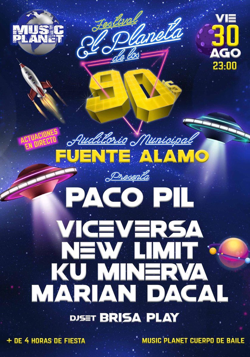 El próximo 30 de agosto nos vemos en #FuenteÁlamo (#Murcia)

<a href="/PacoPil/">Paco Pil</a> , #Viceversa, #NewLimit, #ku_minerva, @MarianDaca y #BrisaPlay os transportarán en el autentico #PlanetaDeLos90s 
⠀⠀⠀⠀⠀⠀⠀⠀⠀
No puedes perdértelo!
⠀⠀⠀⠀⠀⠀⠀⠀⠀
<a href="/tarremanagement/">TARRÉ MANAGEMENT</a>
<a href="/ttmusic_agency/">TT Music</a>