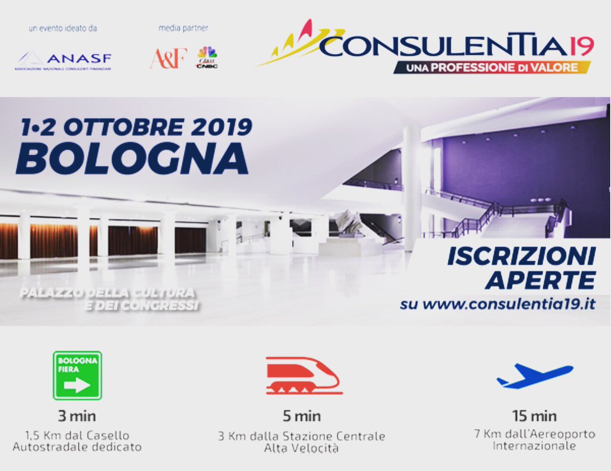 ⚠️ DI CORSA VERSO I MILLE ‼️

Superate le 700 iscrizioni, si punta al traguardo dei mille registrati a CONSULENTIA19 <a href="/anasfCF/">Anasf</a> 

Partecipa  l’1 ed il 2 OTTOBRE !!

Incontri validi anche per il mantenimento delle certificazioni <a href="/EfpaItalia/">EfpaItalia</a> !

consulentia19.it

#consulentia
