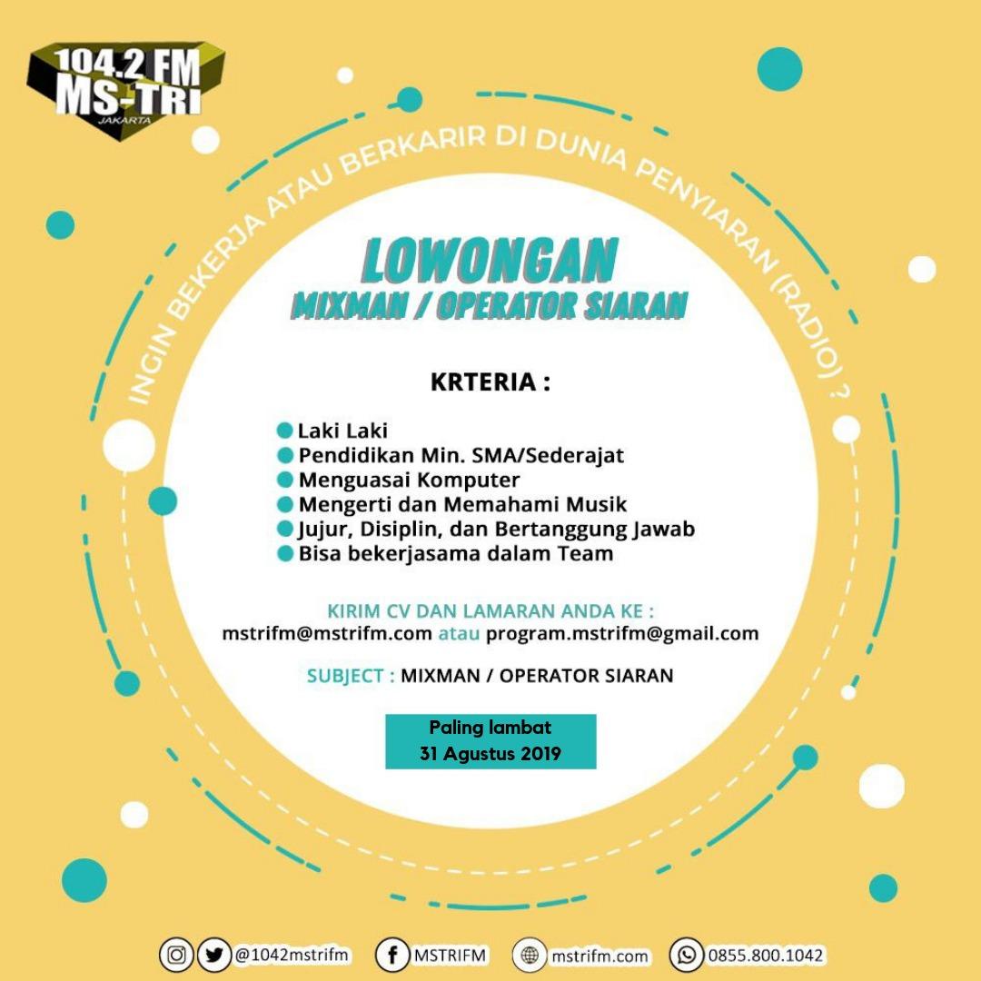 radiomstrifm's tweet photo. Akademia... Cocok dengan Kualifikasi diatas☝, buruan kirim cv yaa!! .
#MSTRIFM #radio #mixman #operator #lowonganproduksi #lowongan #lokerjakartabarat #loker #lokerjakarta https://t.co/1Ij6IKpcMH