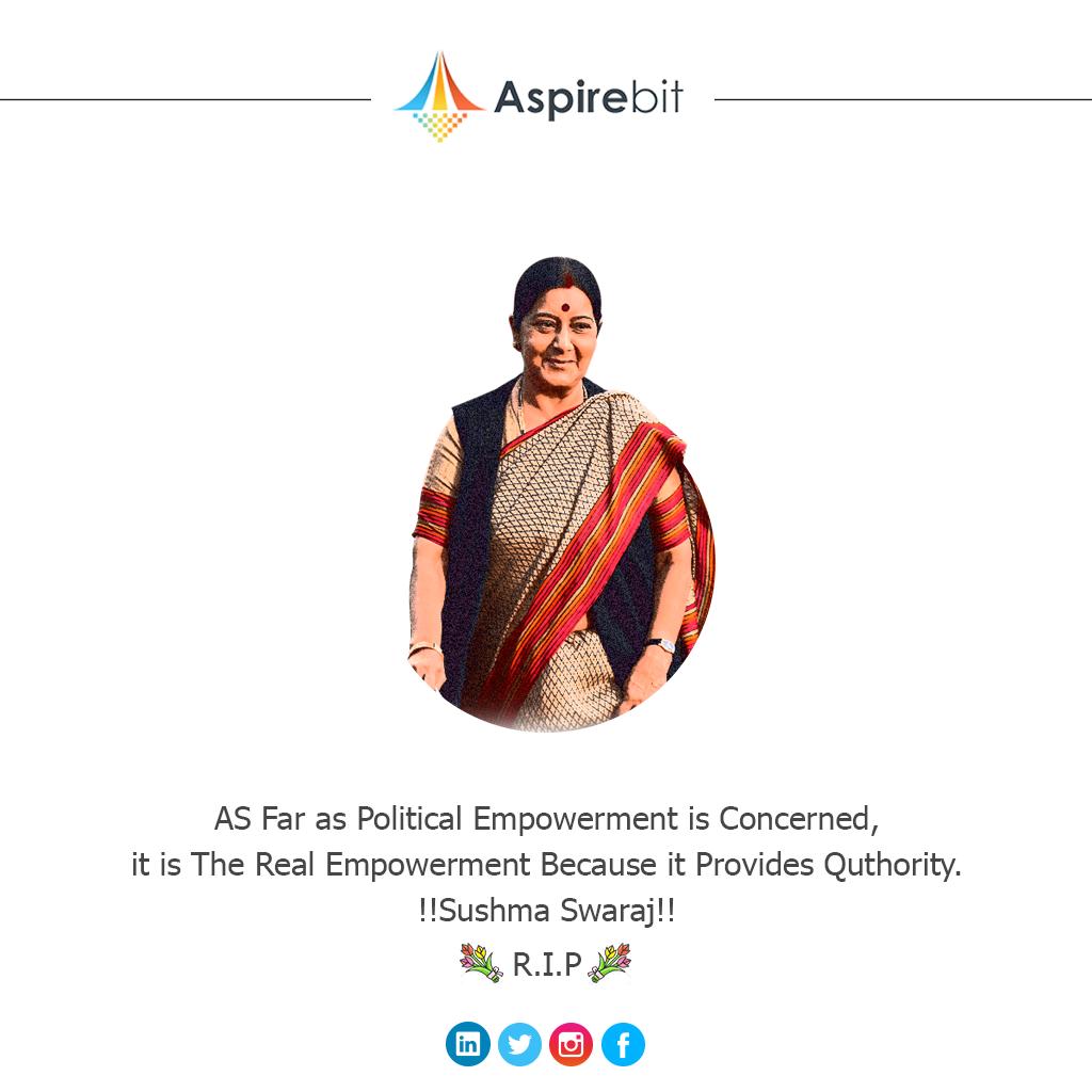 aspirebit's tweet photo. AS Far as Political Empowerment is Concerned,it is The Real Empowerment Because it Provides Authority.

!!Sushma Swaraj!!

R.I.P

#sushmaswaraj #india #bjp #narendramodi #modi #delhi #bhartiyajantaparty #hinduism #yogiadityanath #hindu #mitron #justice #bhaiobehno #modisarkar https://t.co/wAkpwps2MU
