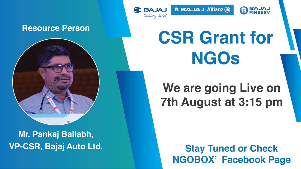 csrboxorg's tweet photo. Stay tuned on NGOBOX' facebook page and interact with Mr. Pankaj Ballabh, VP-CSR, Bajaj Auto Ltd. and know all about Bajaj CSR Grant. 

Follow our facebook page: https://t.co/k3VBzpZvzi 

#CSR #CSRGrant #BajajCSR https://t.co/2pAfV3WbXi