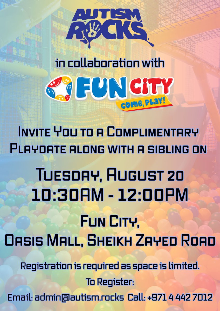 AutismRocksSC's tweet photo. Another play date hosted by Fun City - Oasis Center for People of Determination. Hurry up and register now! https://t.co/43lymIfi71