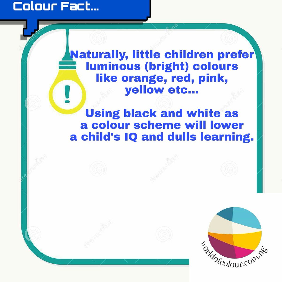 wocng's tweet photo. Colour Fact...
Improve your child learning ability with colours...
#kids #iq #learning #luminous #luminouscolor #luminouscolour #bright #brightcolors #brightcolours https://t.co/bGs7IRArOQ