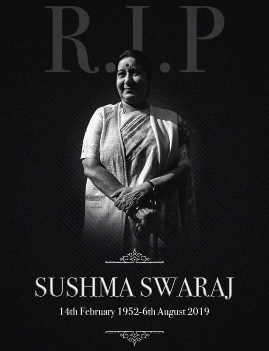 yuvigicians's tweet photo. RIP Sushma Swaraj ji🙏🏻
It's a big loss for the country...a true leader...a noble soul...an exemplary person with a firm character &amp; a heart of gold!
#AlvidaSushmaSwaraj
#GreatLeadersOfIndia
#PrideOfIndia
#Indians https://t.co/e41OuOFMNk