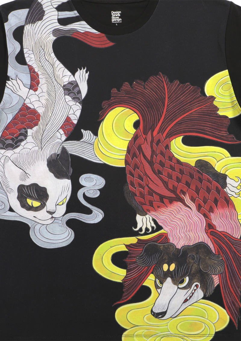 石黒亜矢子】狗面魚猫面魚Tシャツ。人面魚ならぬ、狗面魚と猫面魚を