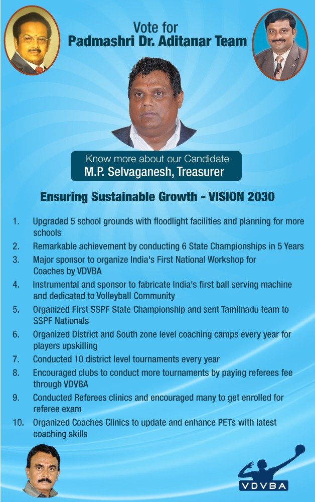 AdithanarTeam's tweet photo. Know More About M.P. Selvaganesh, Treasurer.

1. Upgraded 5 school grounds with floodlight facilities and planning for more schools
2. A remarkable achievement by conducting 6 State Championships in 5 Years and more...

Vote for Padmashri Dr. Aditanar team🏐☝️ https://t.co/baaVONimXo