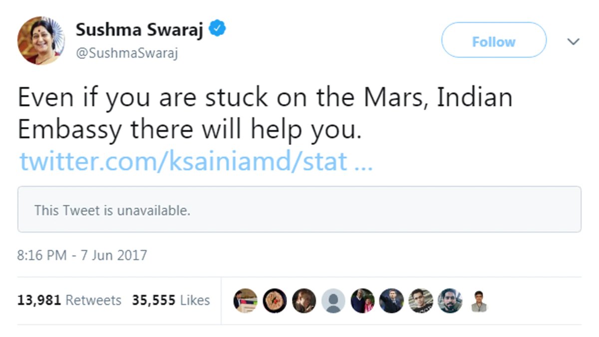 kankshamv's tweet photo. India lost one of its Strongest Lady. Someone who was respected by every individual in India as well as abroad.
This tweet made me follow her devotedly.
#RIPSushmaSwarajJi https://t.co/lrDdGd048W