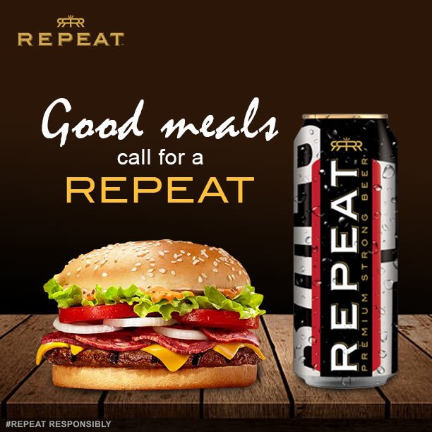 Good meals call for a Repeat!
#Beer #BFF #Brew #DrinkResponsibly #Repeat #Premium #Strong #Chilled #Cheers #GoodThingsCallForARepeat #Drink #RepeatDrinkers #BeerLove