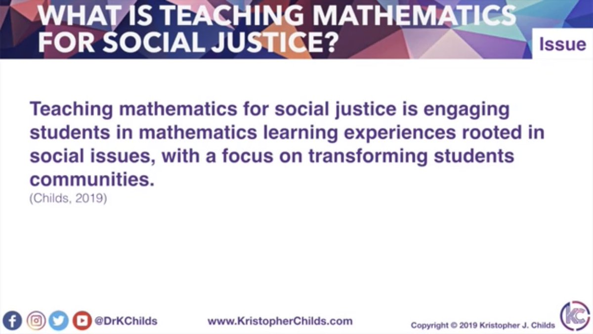 martinsean's tweet photo. To close achievement gap @DrKChilds suggests teaching for social justice. In his #buildmathminds19 session he summarized key points from @todosmath paper and then into 1 sentence. #mtbos https://t.co/8MpIckhkKY