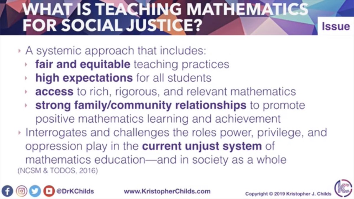 martinsean's tweet photo. To close achievement gap @DrKChilds suggests teaching for social justice. In his #buildmathminds19 session he summarized key points from @todosmath paper and then into 1 sentence. #mtbos https://t.co/8MpIckhkKY