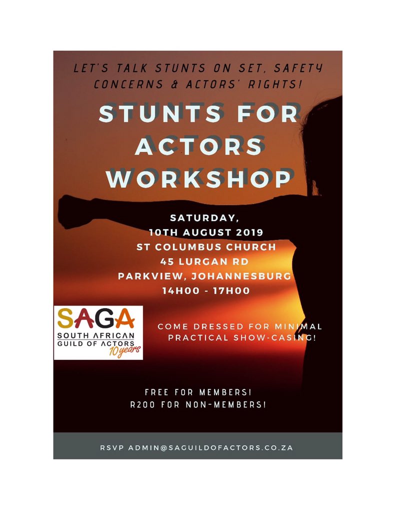 SAGActors's tweet photo. JHB join us for an Action packed Stunt workshop and everything you need to know about Stunts #iamactor #whatsyoursaga #stunts https://t.co/sEN2Lox8lz