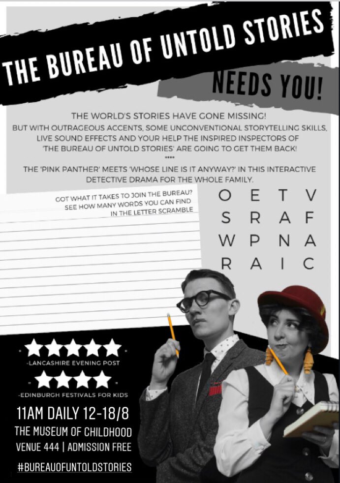 brymoreprod's tweet photo. We know #sustainability is a big deal at @edfringe, so we #recycled a stack of unused flyers from a previous run of The #BureauOfUntoldStories to hand out this year. They also contain a fun word puzzle which gives them extra purpose. Here’s a digital copy for you too: https://t.co/ctH6MiFq6f