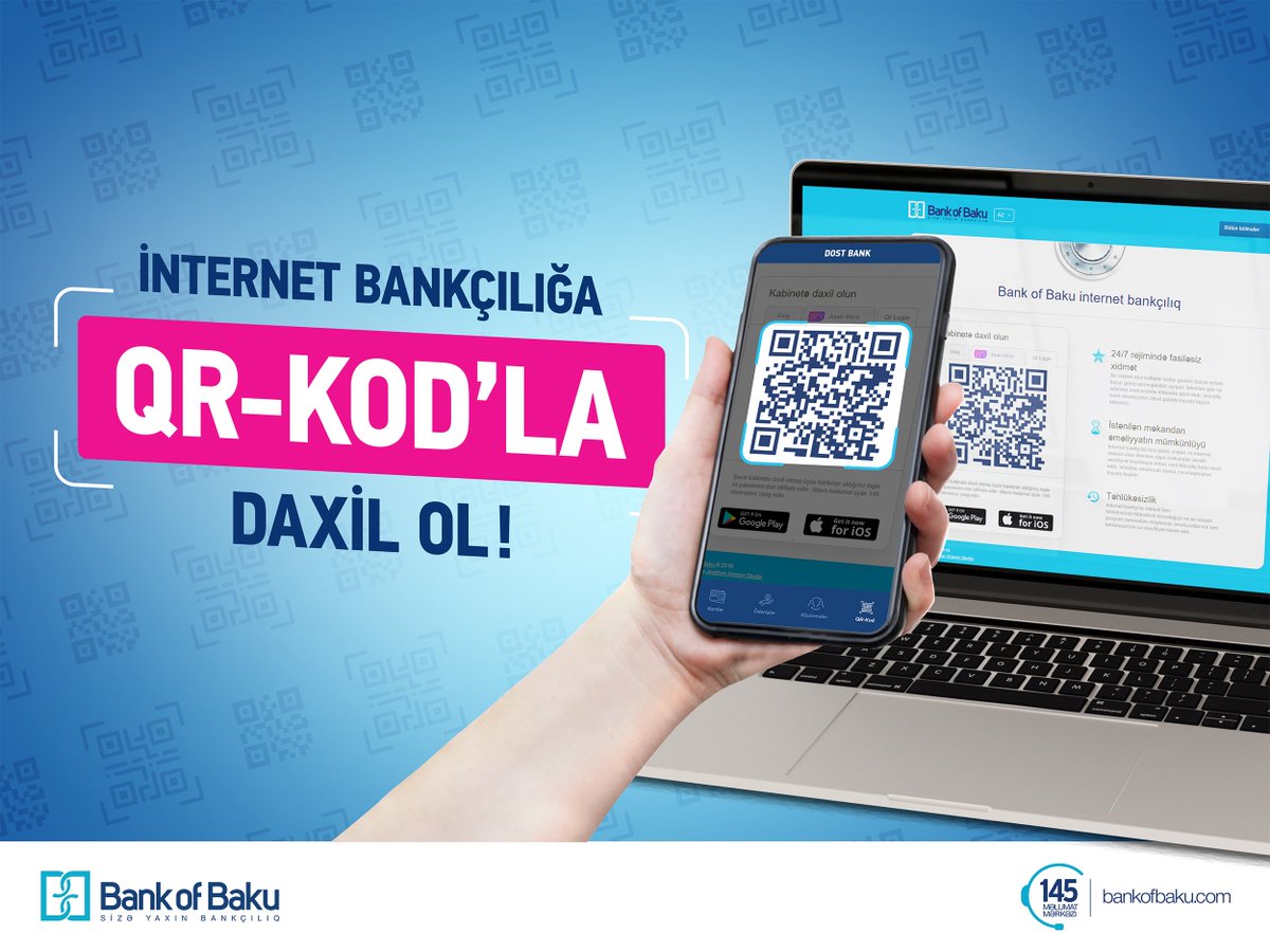 bankofbaku's tweet photo. Sizə Yaxın İnnovativ Bankınızdan sizə özəl YENİLİK!

Dəyərli müştərilərimiz, indi bankımızın DostBank mobil tətbiqini istifadə edərək İnternet Bankçılığa QR Login vasitəsilə daxil ola bilərsiniz.

Daha ətraflı - https://t.co/vcp1iAM0TN

#BankofBaku #DostBank #ibanking https://t.co/3sEJDE583u
