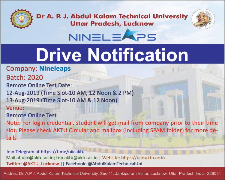 AKTU_Lucknow's tweet photo. All the very Best Students. Please be prepared. Your #nineleaps test date is announced. Sms, mail sent by the team #uiic. God bless you. #Aktu #Lucknow #job #placement https://t.co/MkI0FEgEBN
