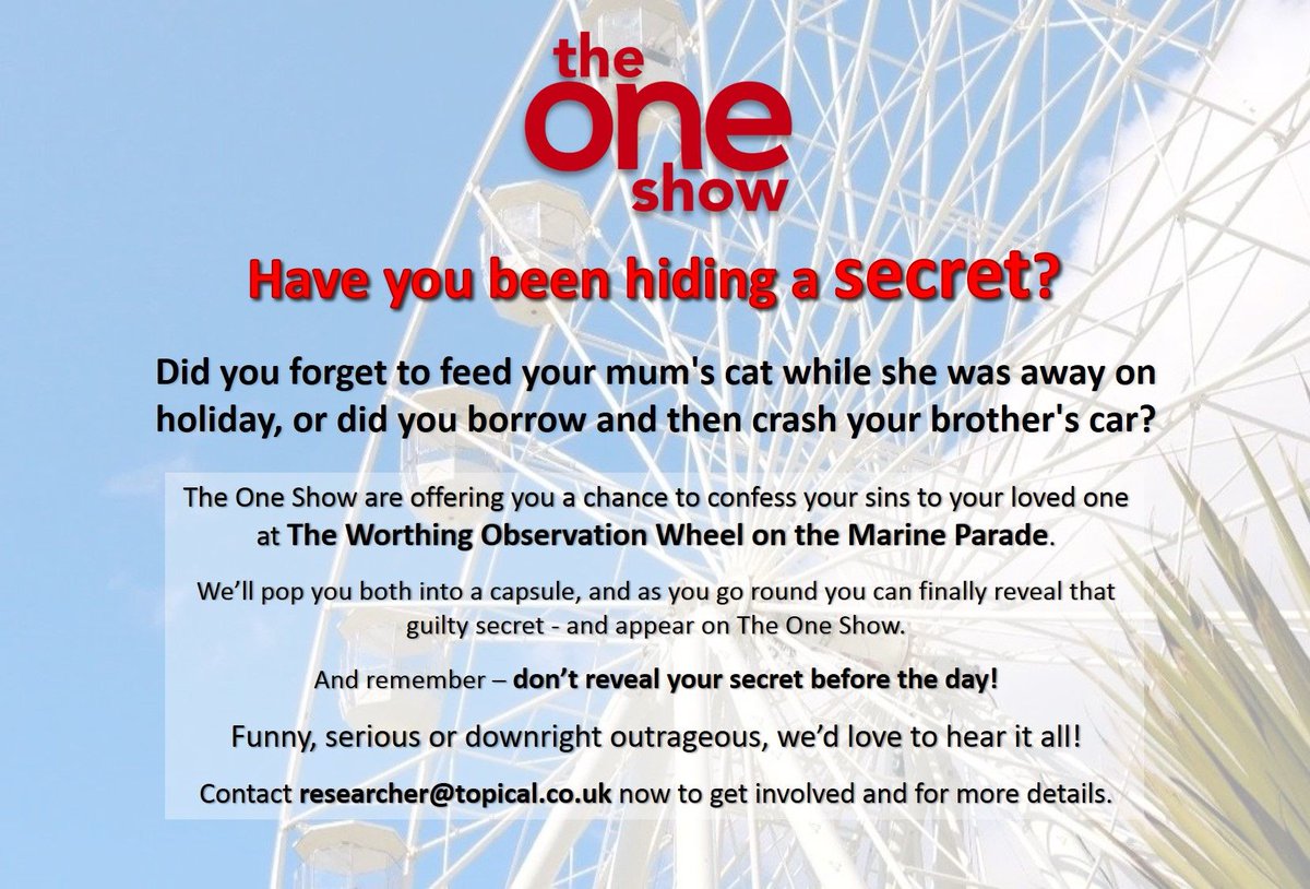 HereAndNowMag's tweet image. Have you been hiding a secret?

Now's the time to tell...

The One Show are seeking people to ride the Worthing Wheel and reveal their secrets...

🧡

#worthing #shoreham #lancing