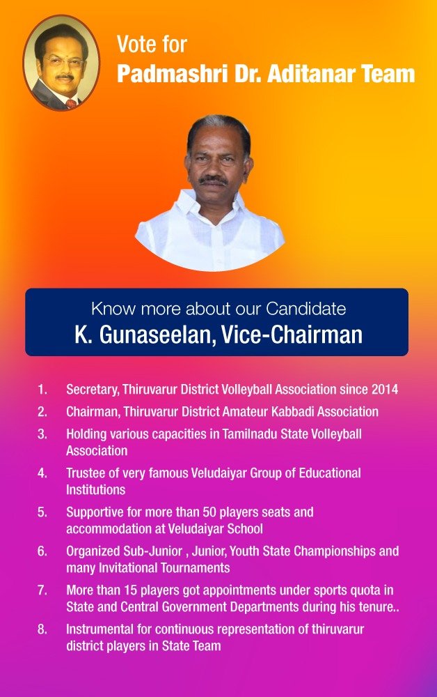 AdithanarTeam's tweet photo. Know About Mr. k. Gunaseelan

1.Organized Sub-Junior, Junior, Youth State Championships &amp; many Invitational Tournaments.
2.More than 15 players got appointments under sports quota in State and Central Government Departments during his tenure.

Vote for Padmashri Dr. Aditanar team https://t.co/T4TM2tZoR4