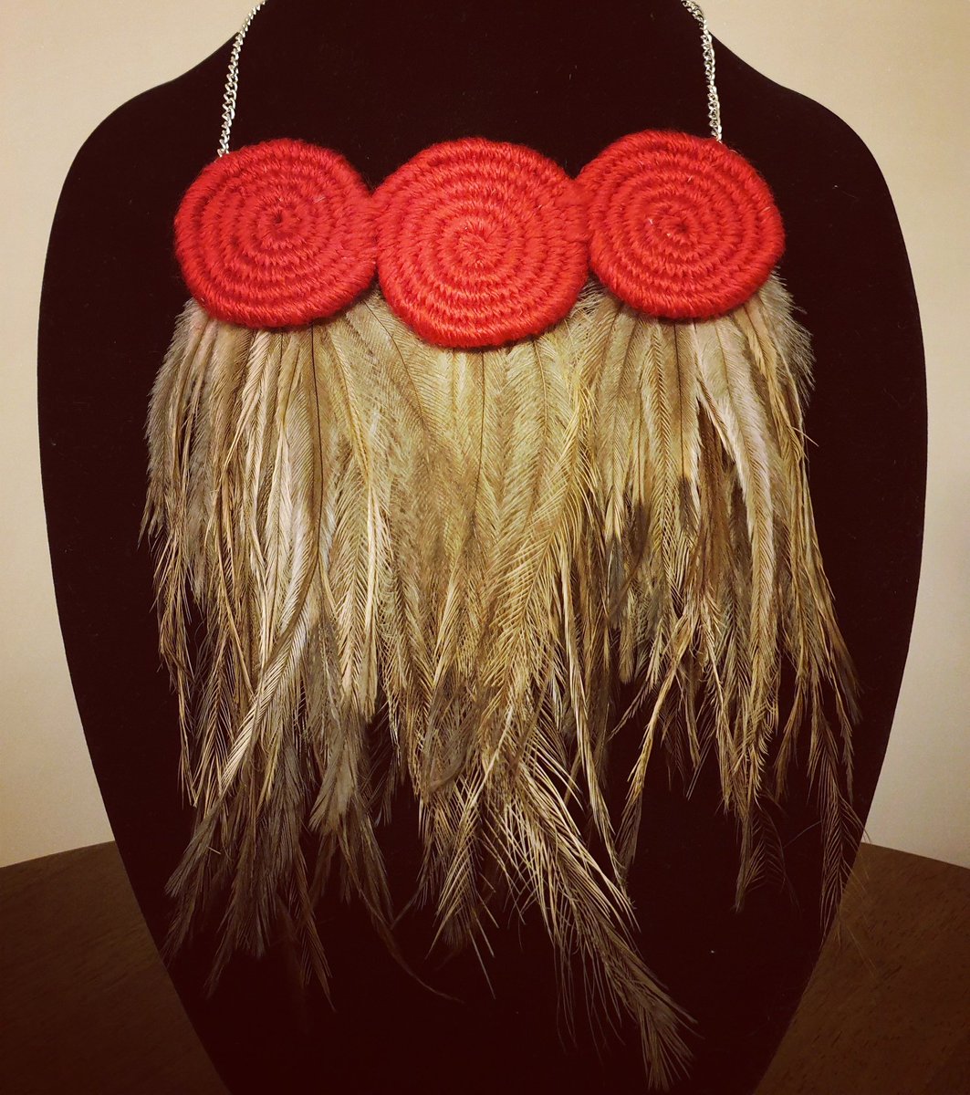 waybarra's tweet photo. Love a statement necklace! I wasn't lying when I said there's never enough emu feathers 🖤💛❤👣 Available on my Etsy, link in bio 😊 #aboriginal #weaving #Indigenous #art #culture #jewellery #necklace #handmade #handmadejewellery #blackbusiness https://t.co/rEZNQdPkm1