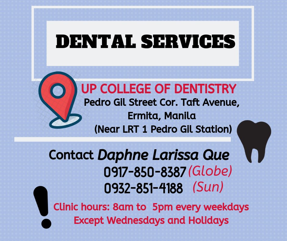 legenDaPhNe's tweet photo. Hi, I am a Junior Clinician in UP College of Dentistry. If you are in need of the dental services listed below or know someone who is. Please feel free to send me a message or inquiry 😊 https://t.co/5zhFsFFY0P