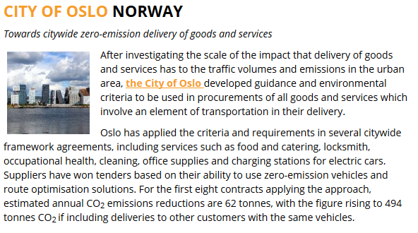 ICLEI_procure's tweet photo. Delivering goods and services but zero emissions - Oslo paves the way through procurement across sectors to push citywide initiative! Strong candidate shortlisted for the Procura+ Awards 2019 🚛🚚🚲 #publicprocurement #procuraplus #LifeActually #zeroemission https://t.co/8JKfoP03AJ