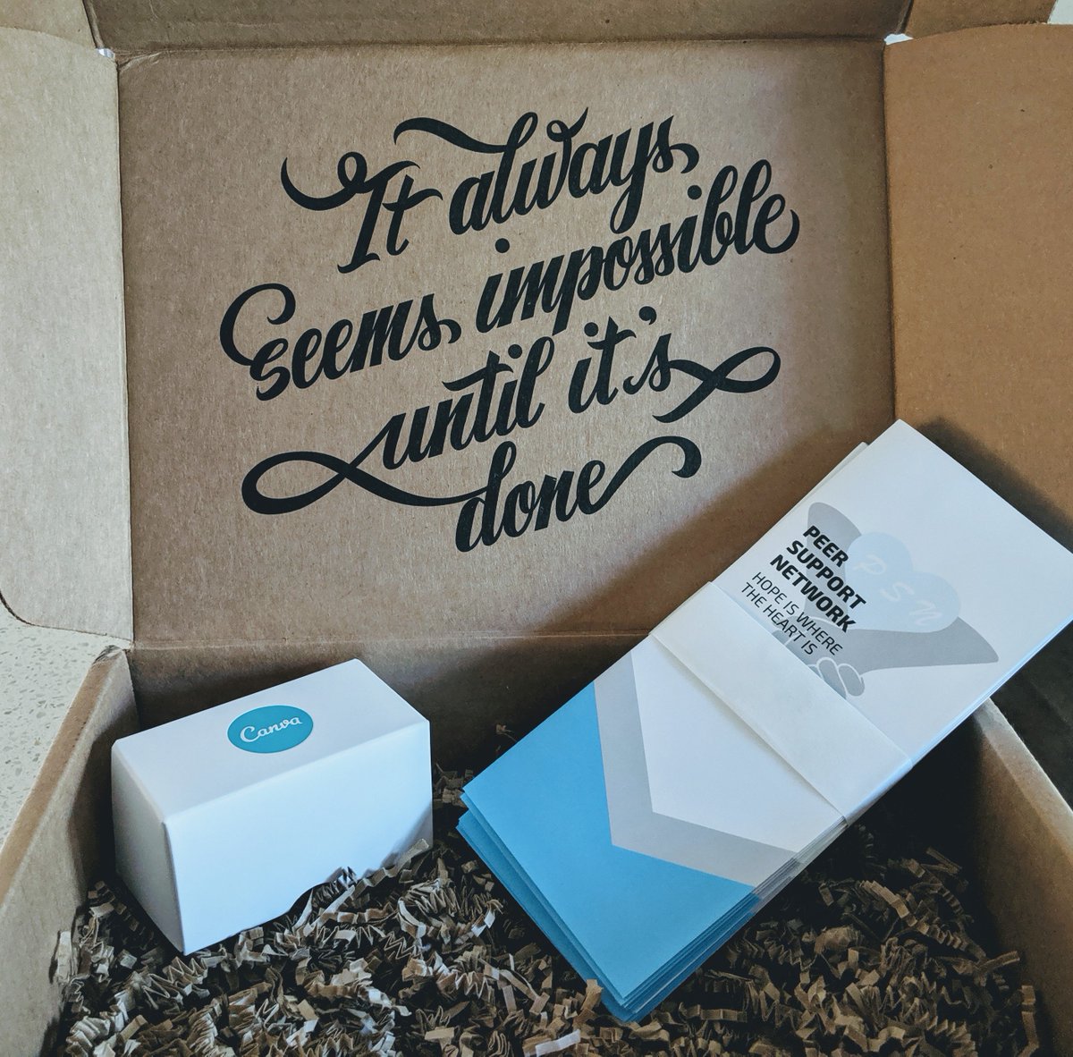 PeerSuppNetwork's tweet photo. August 1, 2019: Today we received our first shipment of Peer Support Network pamphlets and business cards. We can't wait to share our mission and vision with everyone we meet! Major thank you to @canva , where we were able to print out our pamphlets and business cards. https://t.co/BQHoRUZoGW