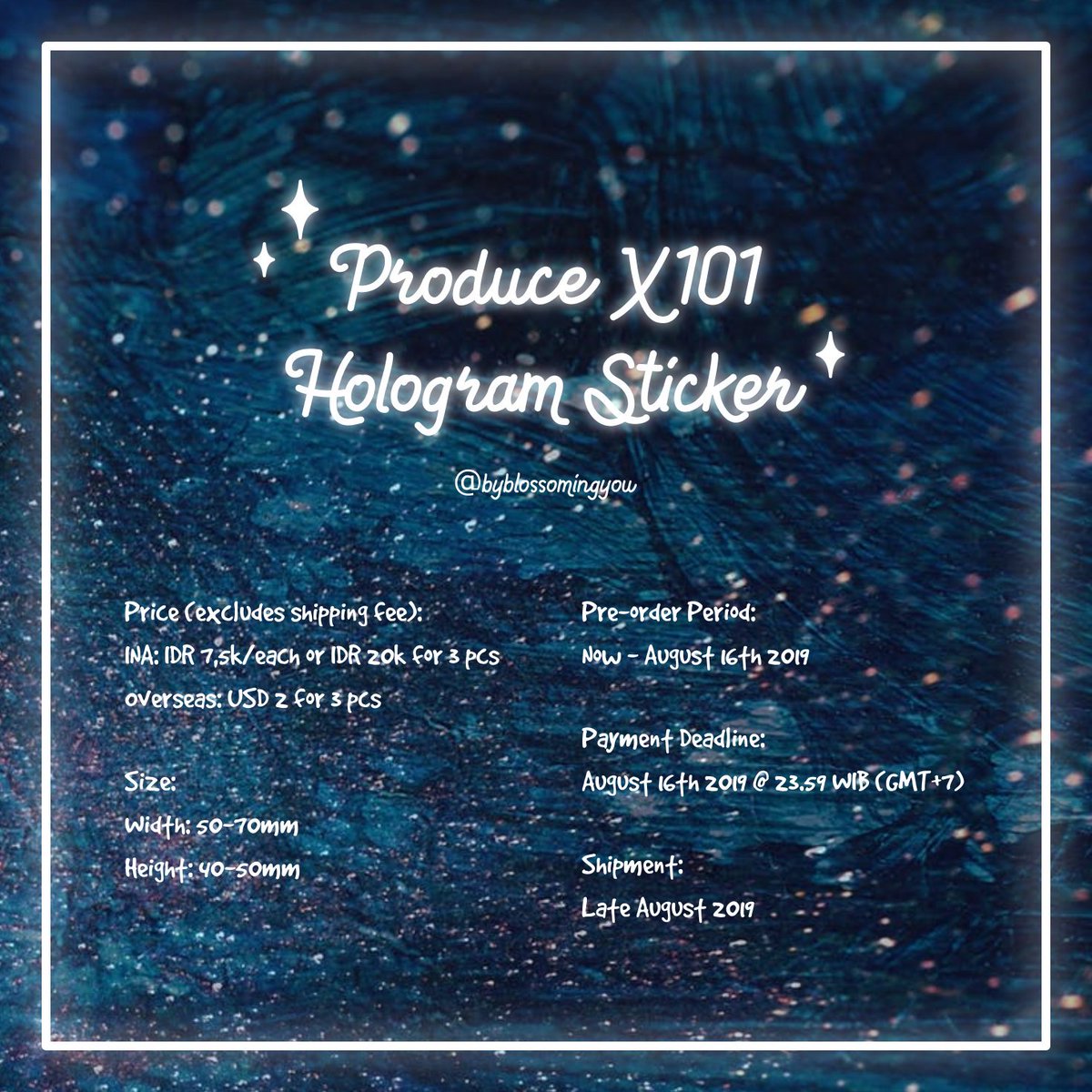 byblossomingyou's tweet photo. [HELP RT 💙] Pre-Order

🌌Produce X 101 Hologram Sticker🌌

📆 ~ Aug 16th 2019
💰 IDR 7.5k (each)-IDR 20k (3 pcs) or USD 2 (3 pcs) excl. shipping fee
📩 DM to order
🌍 Ship worldwide, G.O please DM

Thank you❣

#PRODUCEX101 #PRODUCE101_X_101 #프로듀스X101 #프로듀스_X_101 https://t.co/lUZm0lGS9O