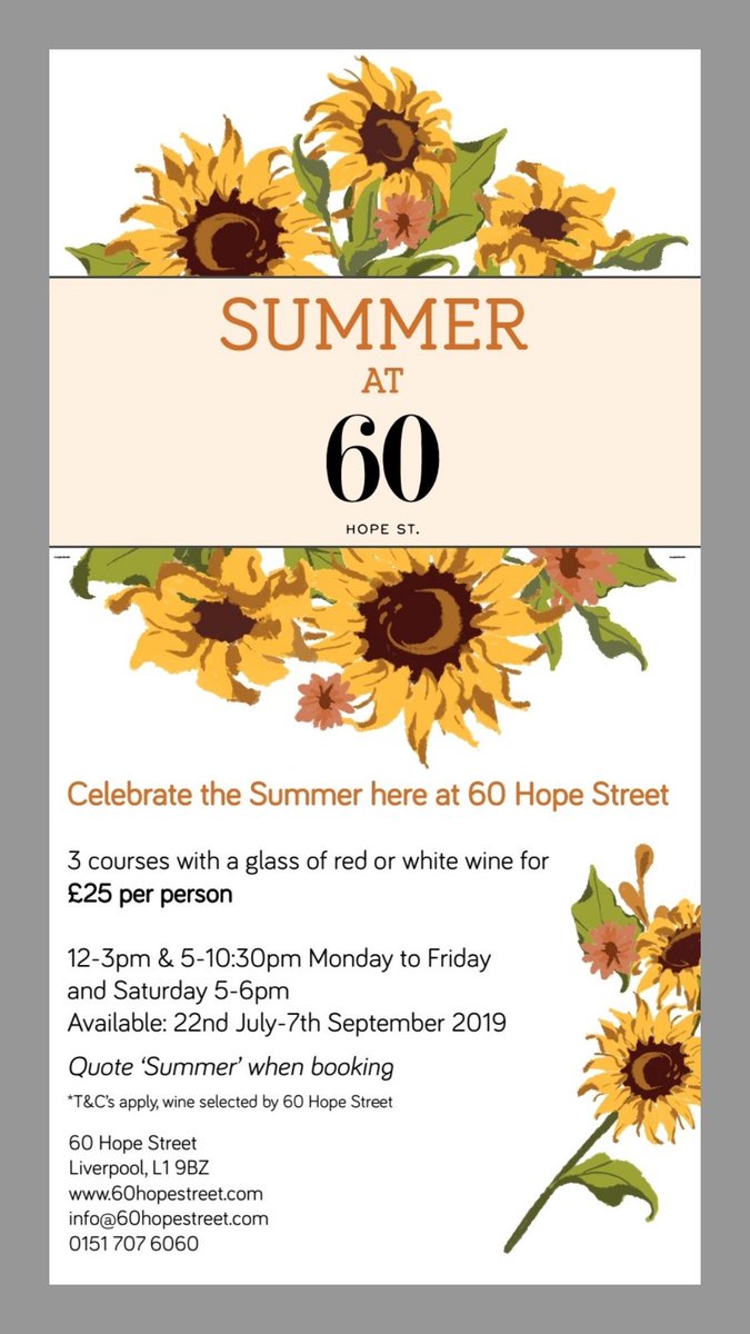 Summer at 60...3 Courses with a glass of wine for £25 Mon-Fri. Treat someone special 😋
To Book ☎️ 0151 707 6060