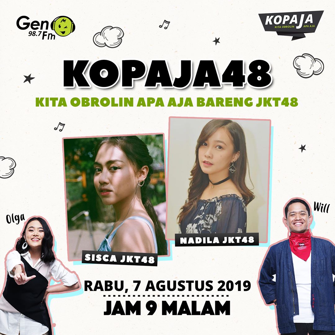 Fans48Pemalang's tweet photo. ~Malam hari ini,Di KOPAJA48 Gen 98.7 Fm jam 9 malam akan ada kedatangan member JKT48 dari Team @_JKT48TeamJ  @S_SiscaJKT48 Dan @Nadila_JKT48~jangan sampai ketinggalan~ https://t.co/jysrjHWWtx