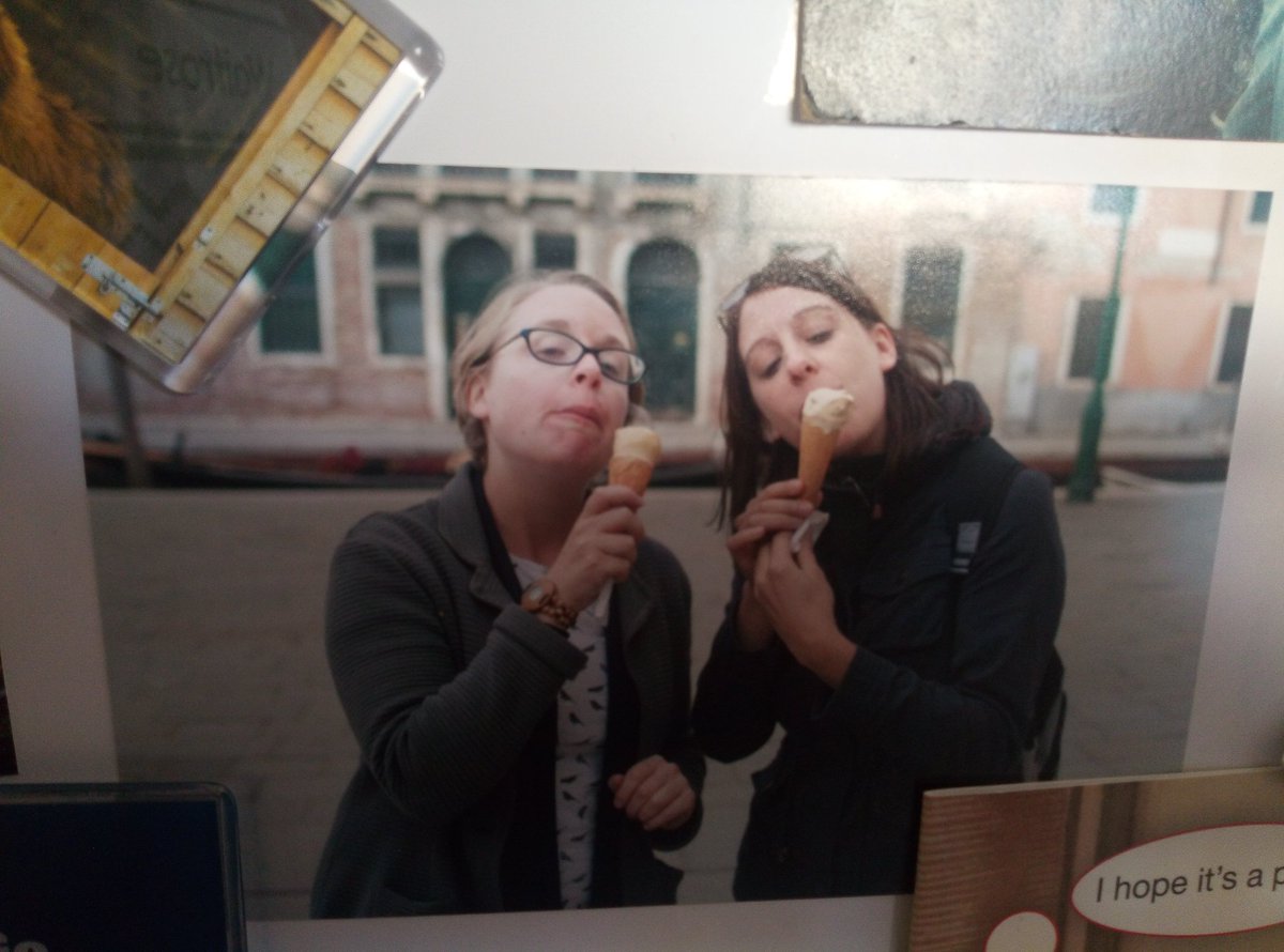 K_Stansfield's tweet photo. Just found this pic on my sister's fridge #throwbackthursdays eating ice cream in Venice 4 years ago, just after starting the book that became #widowswelcome which is out tomorrow! @dkfields1 @HoZ_Books https://t.co/wg1cAyQKH6